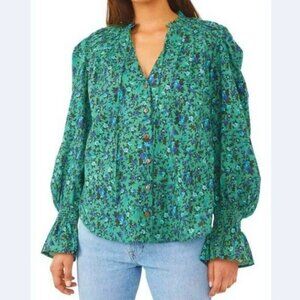 Free People Green/Blue Floral Print Blouse Womens Size M 100% Cotton With Smocke